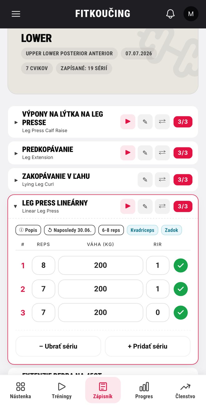 Tréningový zápisník v appke FITKOUČING